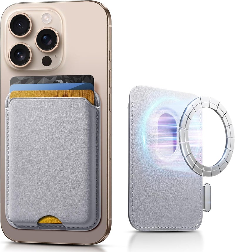 SOUNDBYTE Stronger Magnetic Wallet for iPhone 17/16/15/14/13/12 Series & for MagSafe Cases | N52 Magnet RFID Blocking Leather Magnetic Card Holder with Powerful Magnets | Holds 3 Cards | Light Grey - Image 1